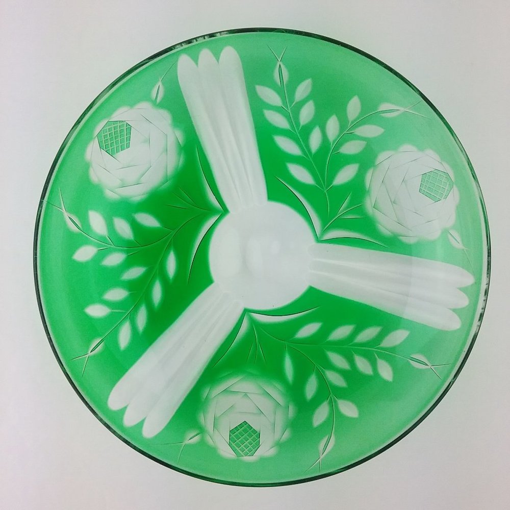 Vintage Green Cut to Clear Glass Shallow Bowl Dish